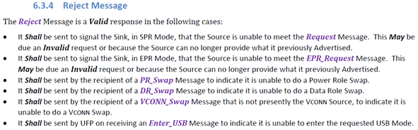Reject 消息在上述情况中为有效合规的回复方式（摘自USB PD 3.1 V1.8）
